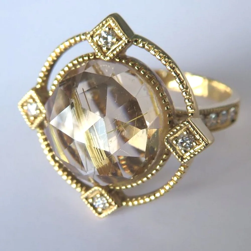 Natural Rutilated Quartz, Diamonds 18K Yellow Gold 